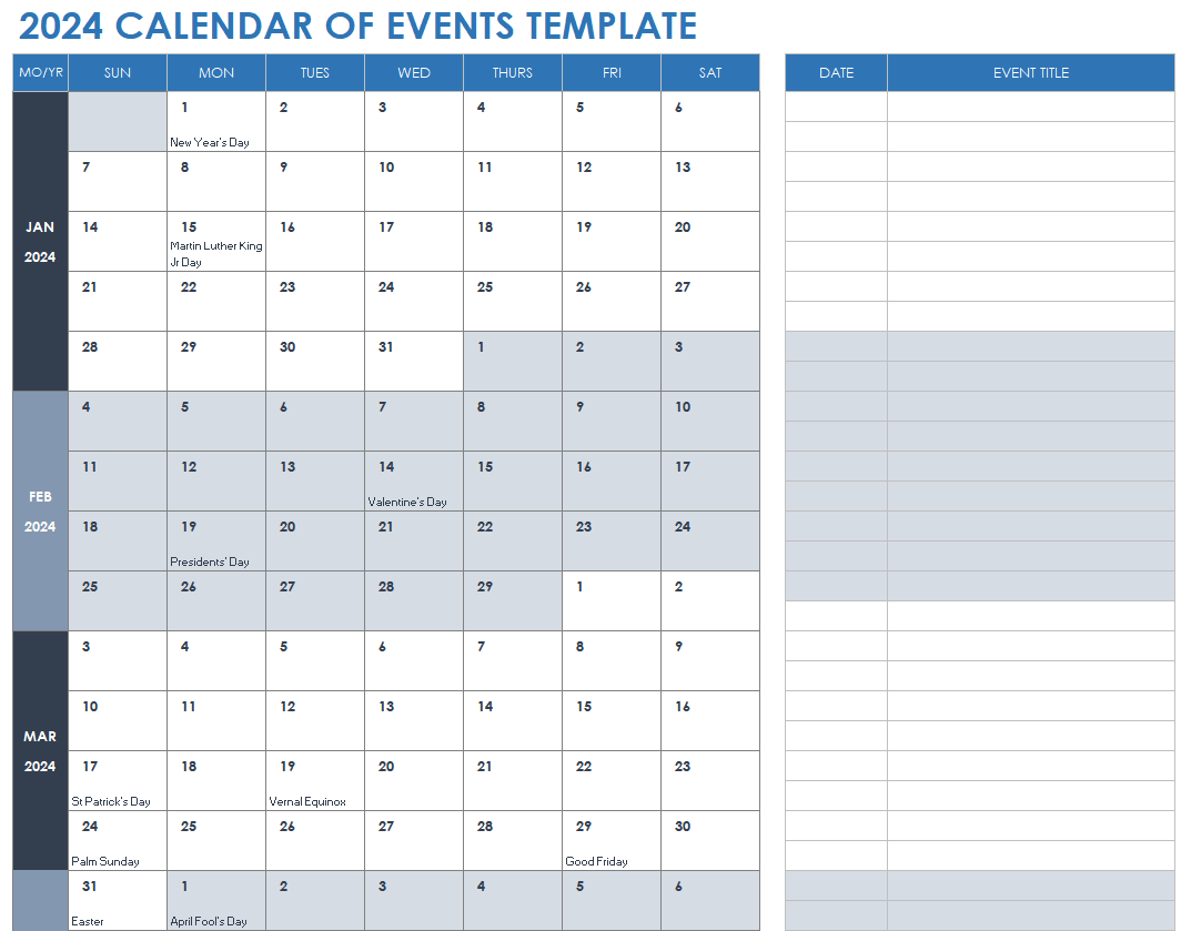 List Of Events Template