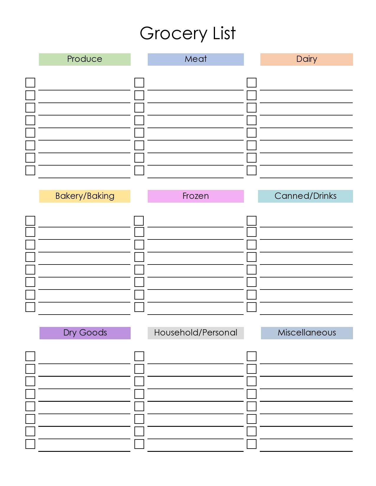 Editable Grocery Shopping List Template