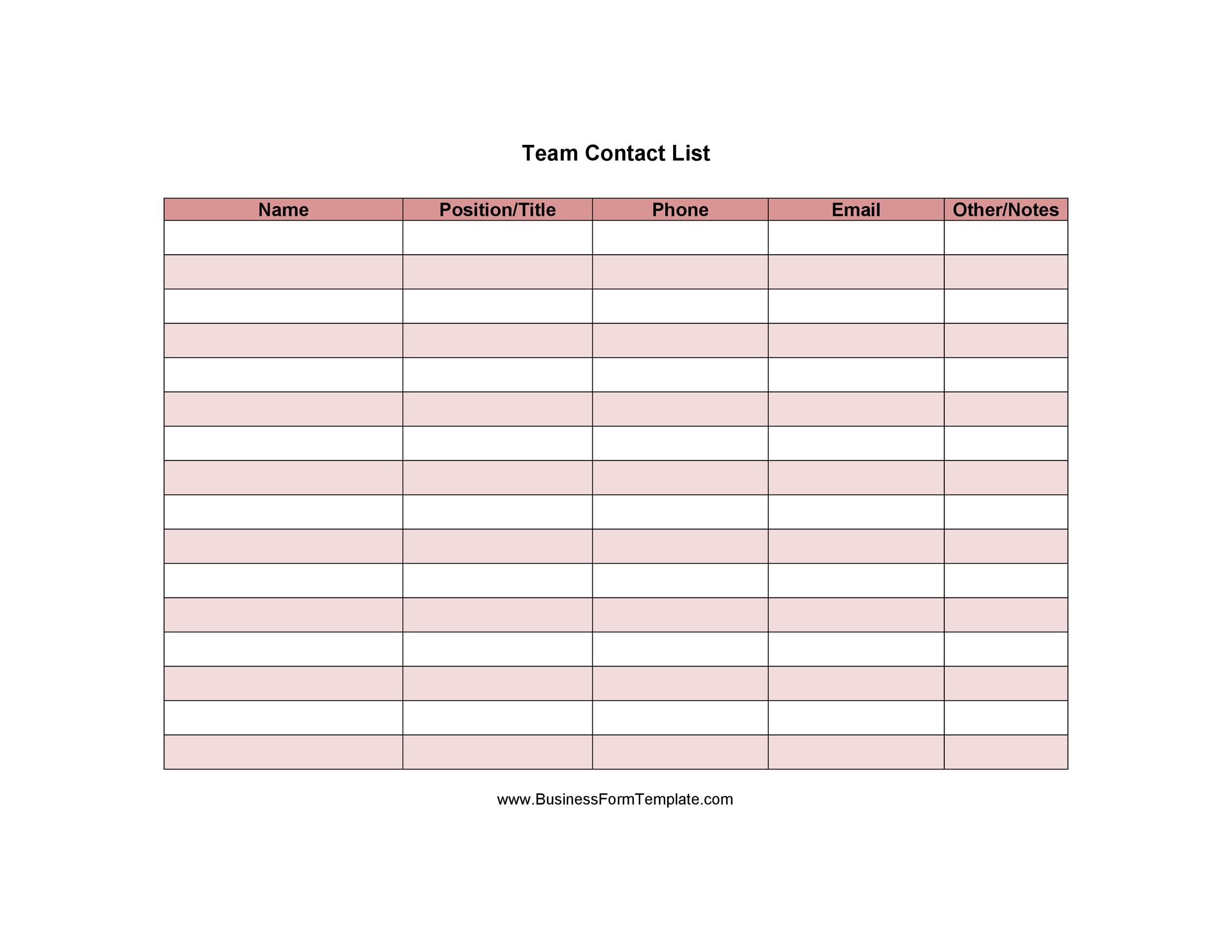 Professional Contact List Template Word