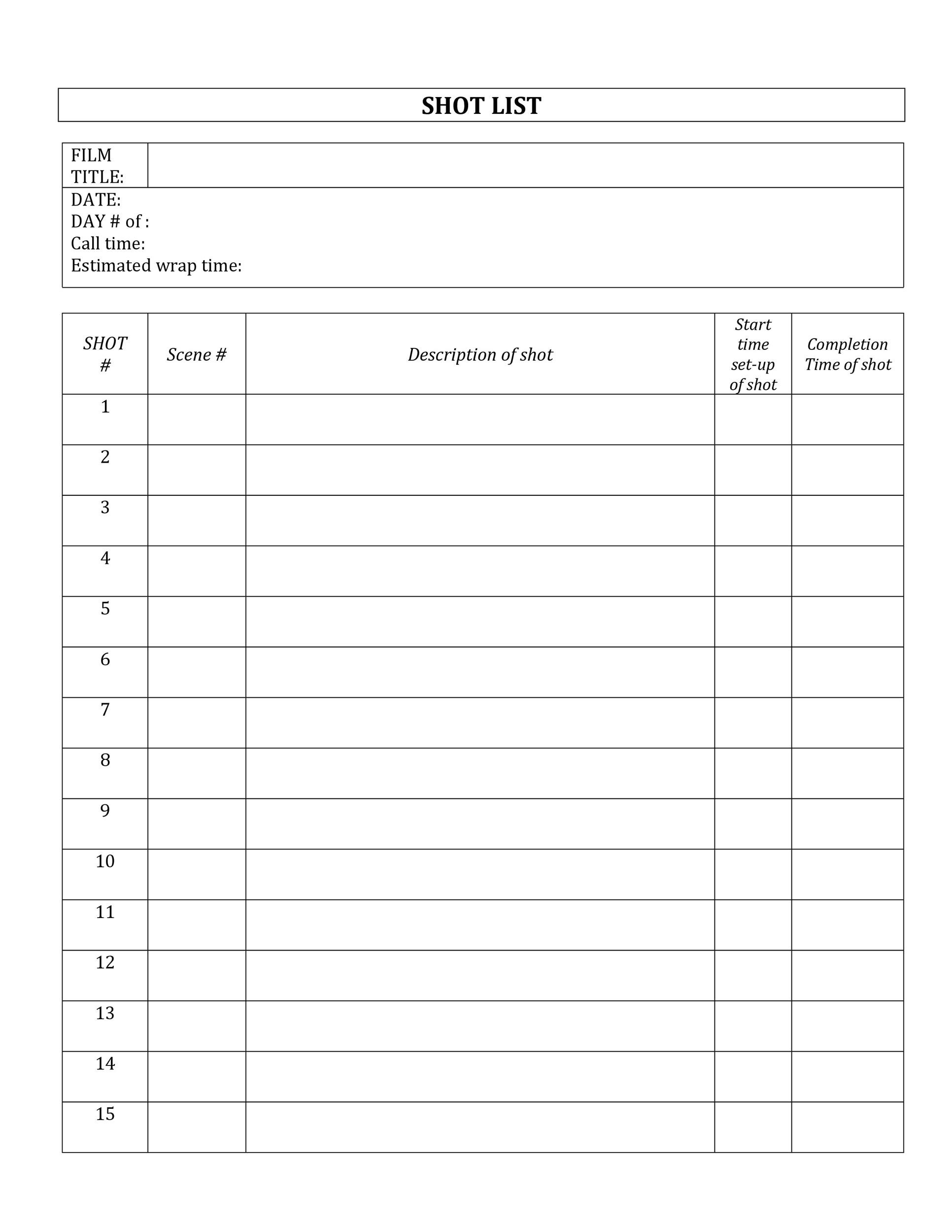 50 Handy Shot List Templates Film U0026 Photography TemplateLab