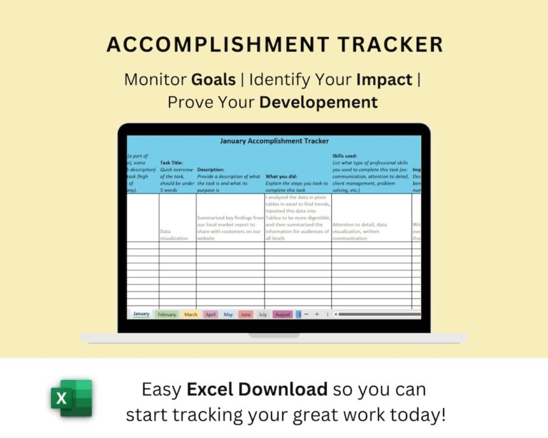 Accomplishment Tracker Excel Template Download Organize Your Professional Accomplishments And Track Important Tasks Etsy