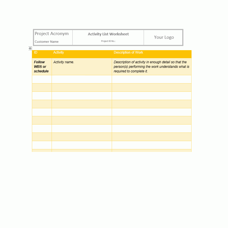 Activity List Worksheet Templates PMO