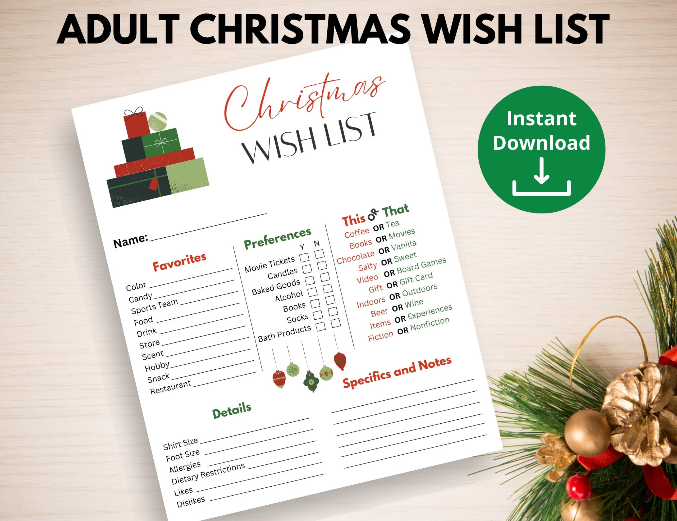 Adult Christmas Wish List Printable Questionnaire Christmas Gift Ideas For Adults Etsy
