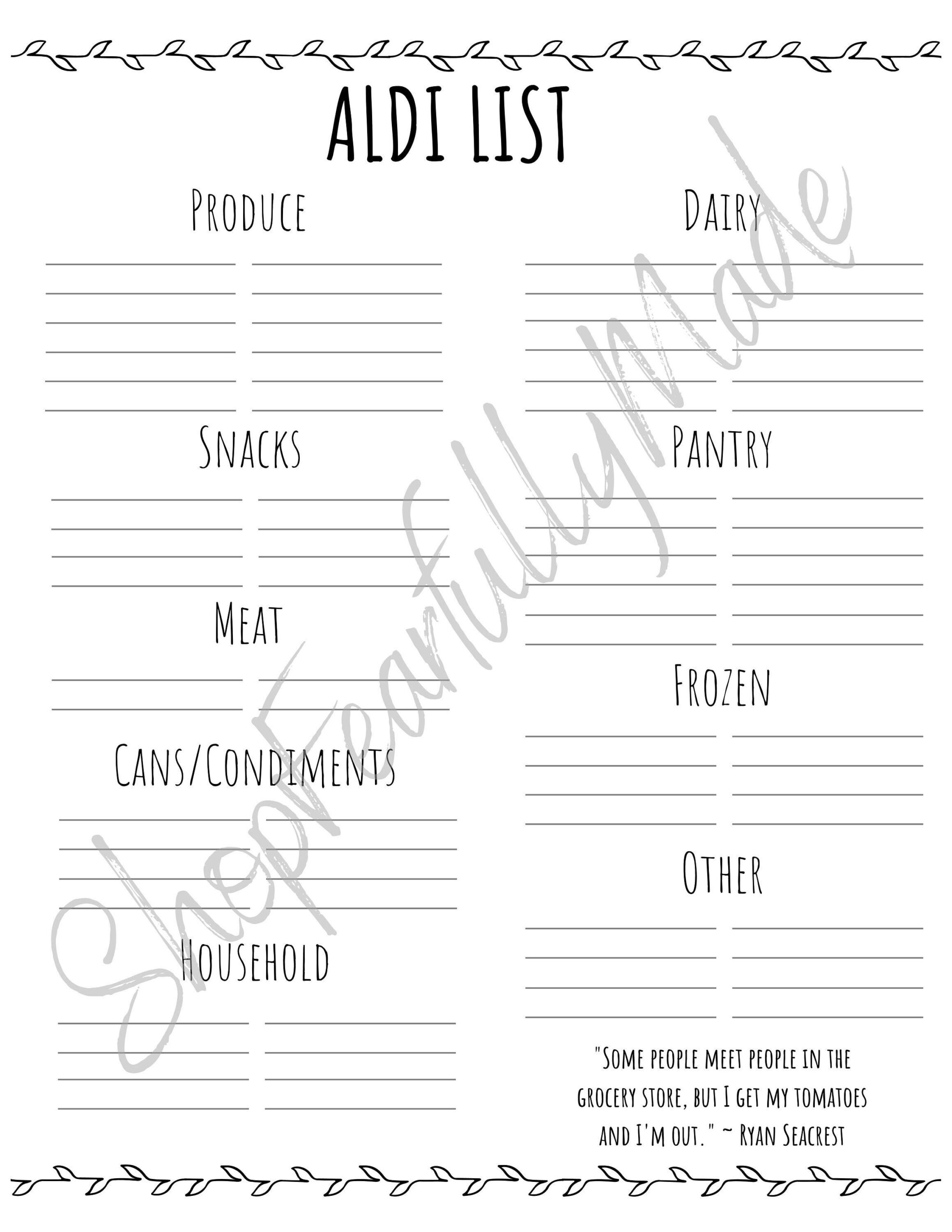 Aldi Grocery Shopping List Leaf Design Etsy