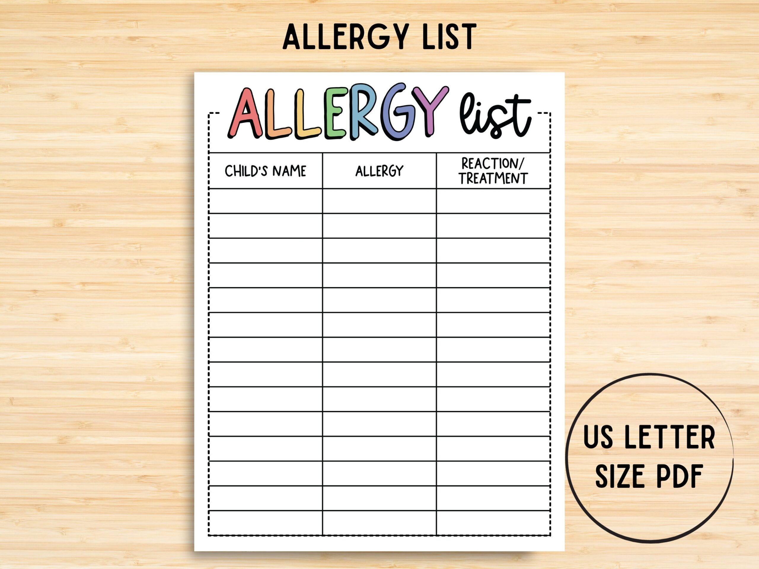 Allergy List Form Child Allergy Form Daycare Printable Daycare Office Sheet Mothers Day Out Printables Home Daycare VBS Preschools Etsy Australia