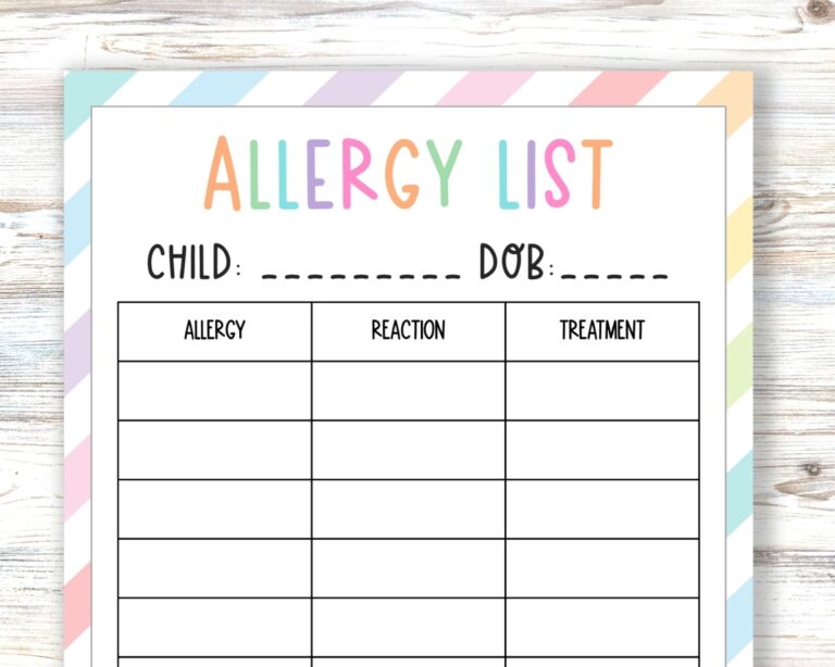 Allergy List Printable Home Day Care Or Classroom Emergency Information Sheet Multiple Children Allergies List Kids Health Record Form Etsy