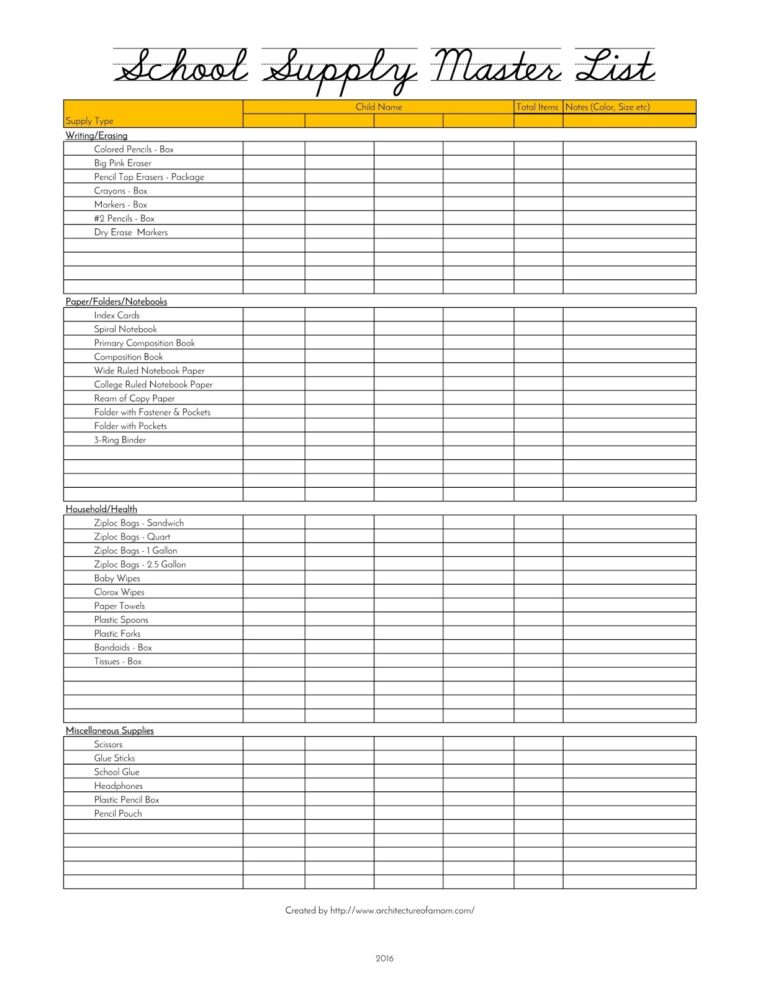 Architecture Of A Mom School Supply Master List Printable