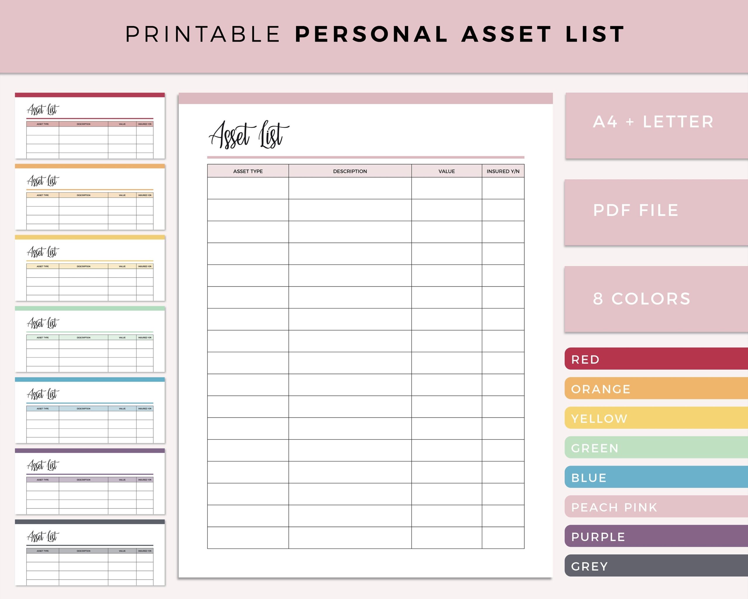 Asset List Printable Home Inventory Sheet Expensive Item List Personal Finance Tracker A4 And US Letter Size Ready To Print Etsy