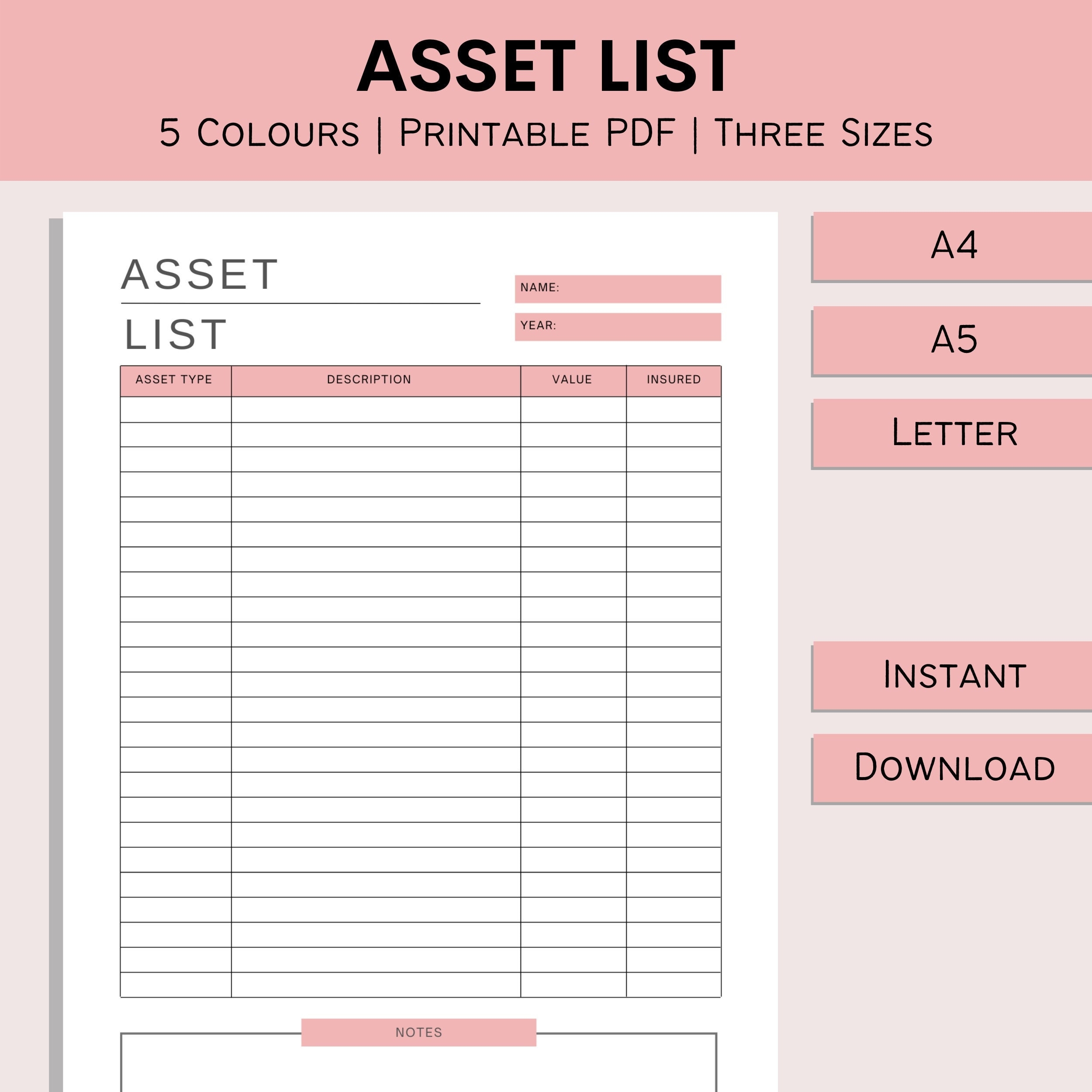 Asset List Printable Item Log Finance Tracker Home Inventory 