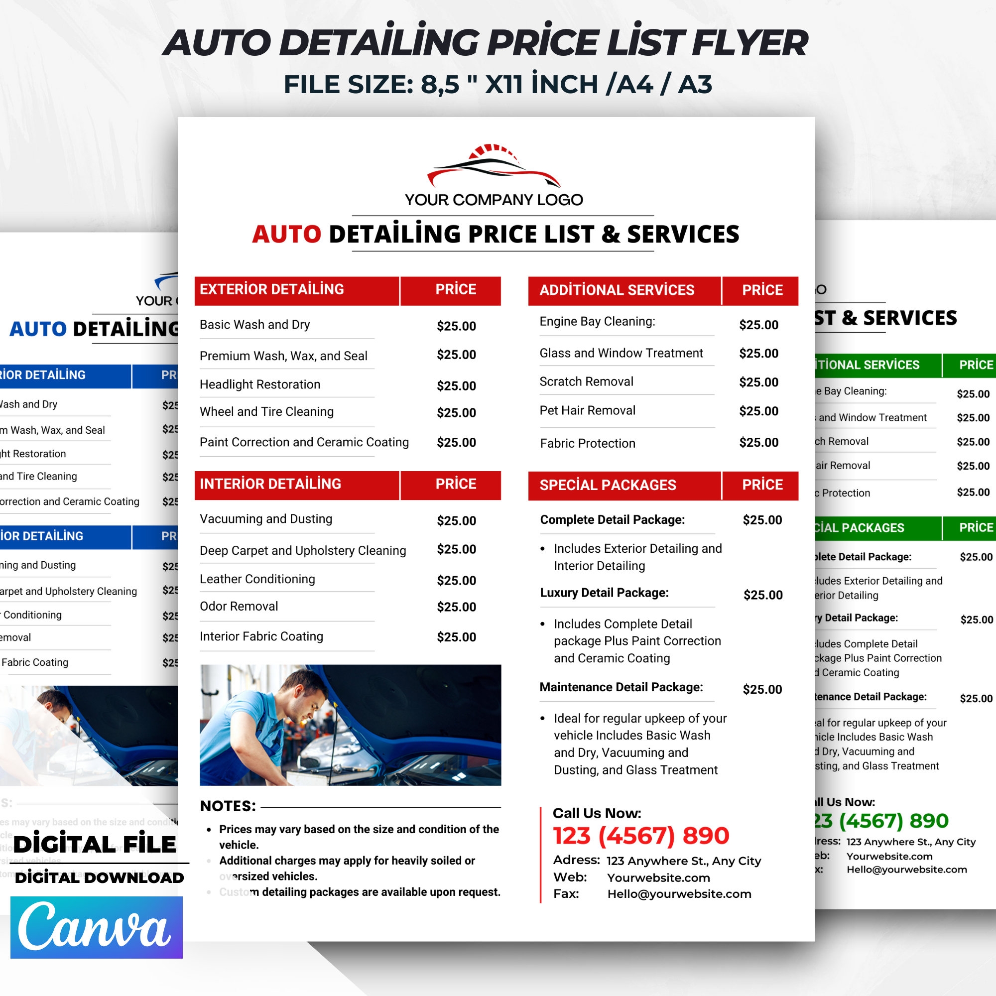 Auto Detailing Price List Flyer Template Mobile Detailing Template Auto Detailing Price List Canva Template Automotive Services Flyer