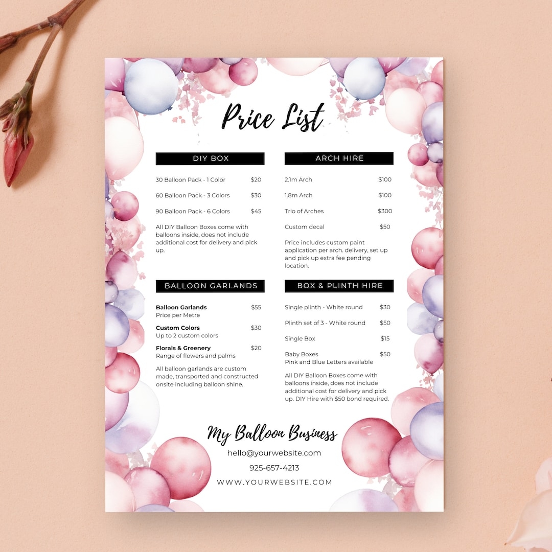 Balloon Business Pricing List A4 Balloon Menu Balloon Garland Price Sheet Canva Event Decor Instagram Story Pricelist Template BB1 Etsy