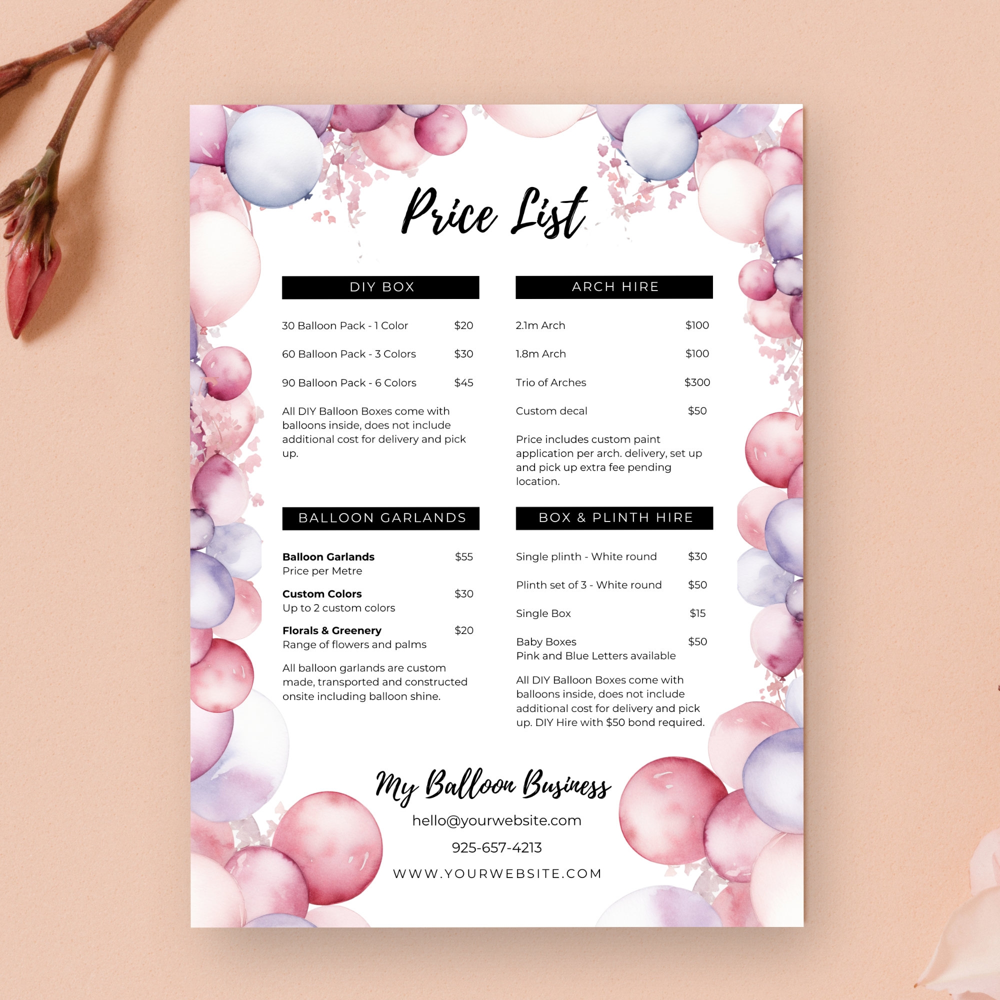 Balloon Business Pricing List A4 Balloon Menu Balloon Garland Price Sheet Canva Event Decor Instagram Story Pricelist Template BB1 Etsy