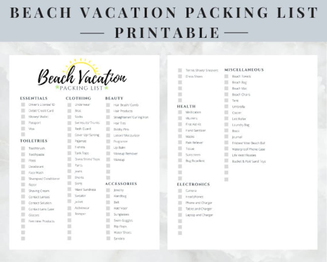 Beach Vacation Packing List Printable Instant Download Etsy