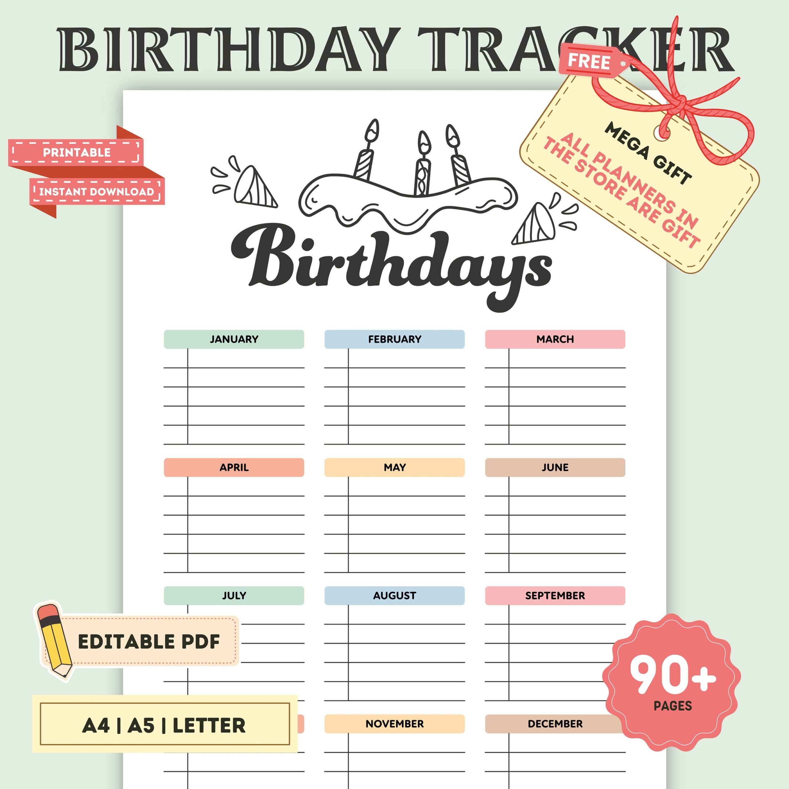 Birthday Calendar Printable Editable Birthday Chart Birthday Tracker Birthday Reminder Birthday List Birthday Template Digital Etsy