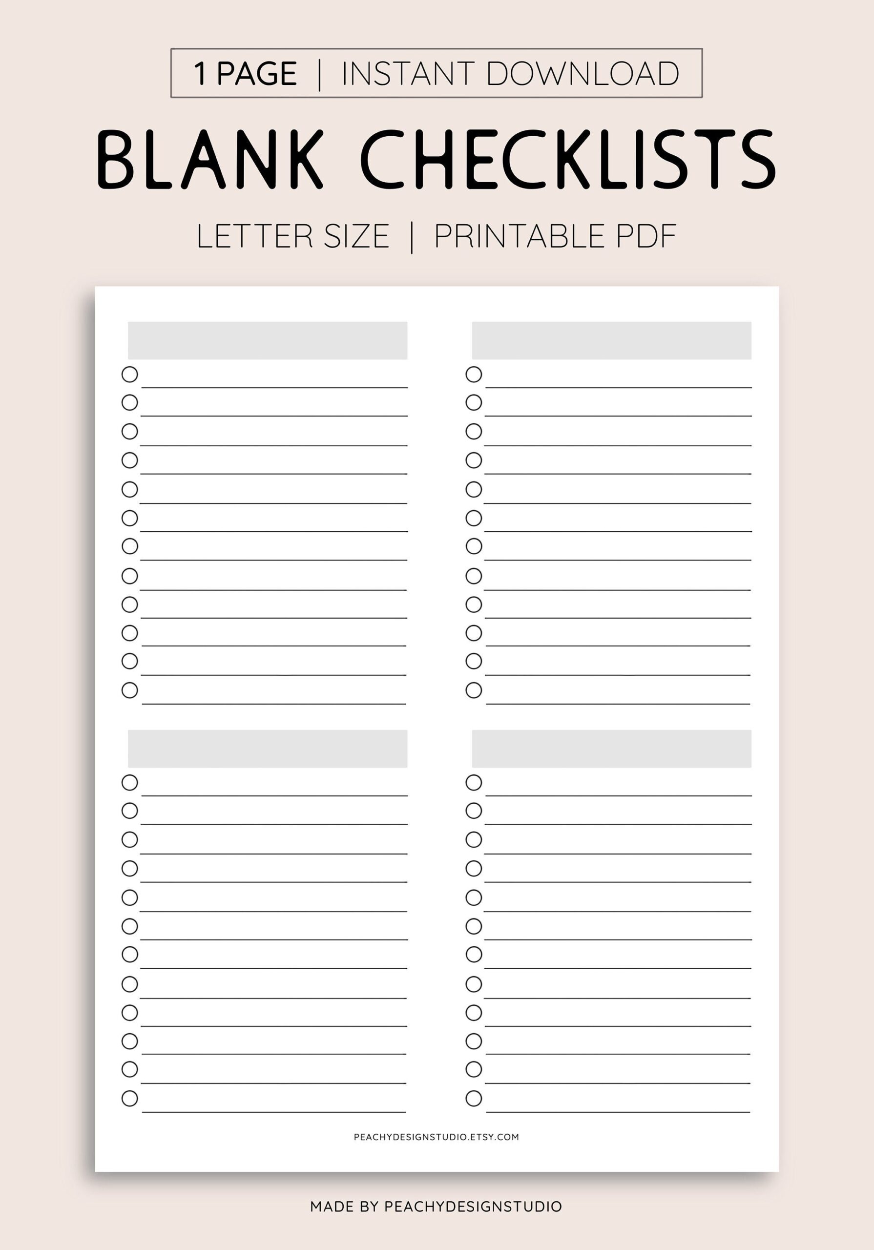 Blank Checklist Printable INSTANT DOWNLOAD PDF To Do Lists Task Organizer Travel Packing List Shopping List Etsy