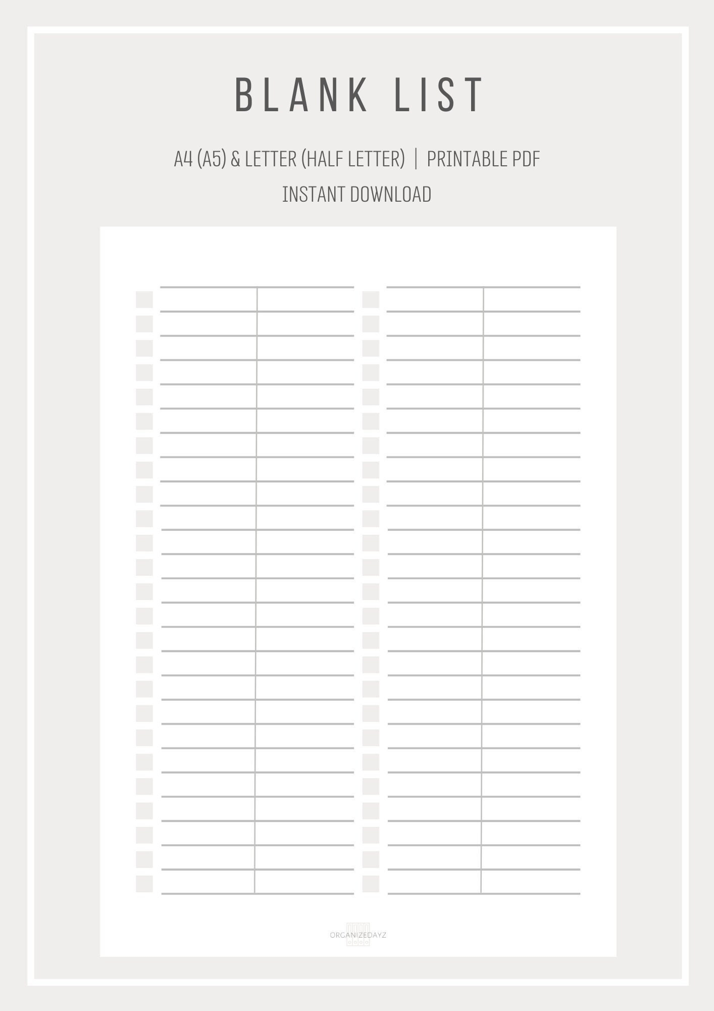 Blank List Simple List Template Printable List Digital List 