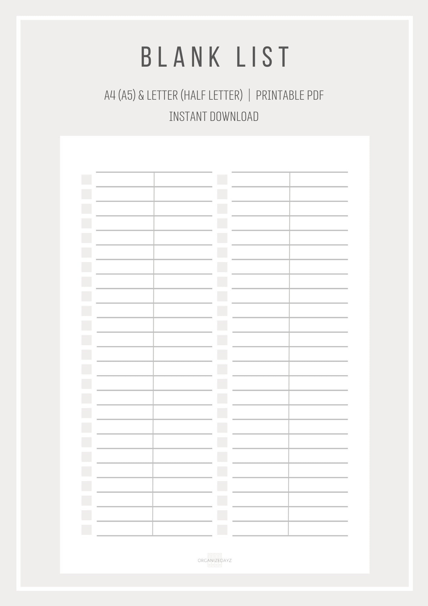 Blank List Simple List Template Printable List Digital List Two Divided Columns A4 And Letter Size Printable PDF Etsy