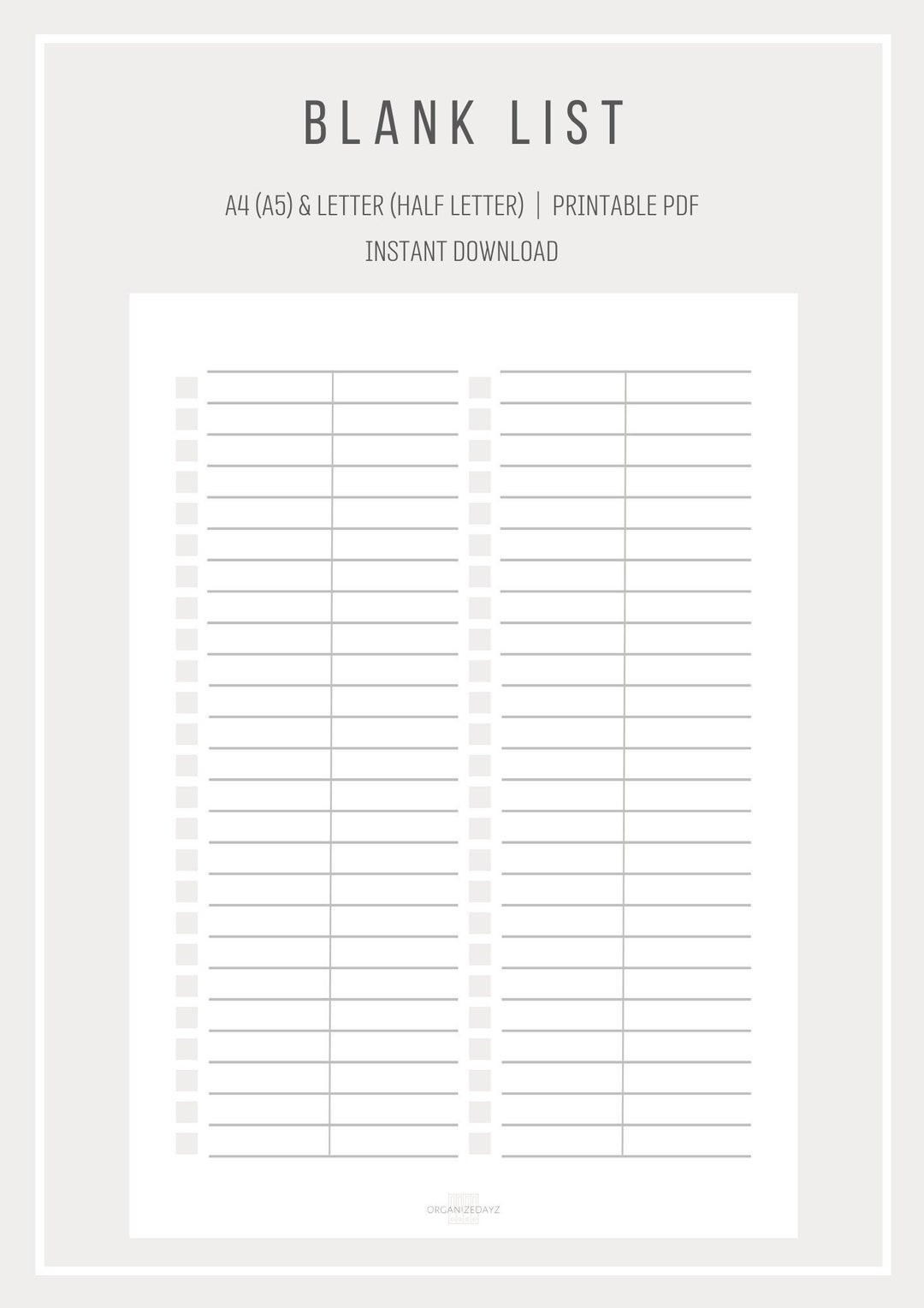 Blank List Simple List Template Printable List Digital List Two Divided Columns A4 And Letter Size Printable PDF Etsy