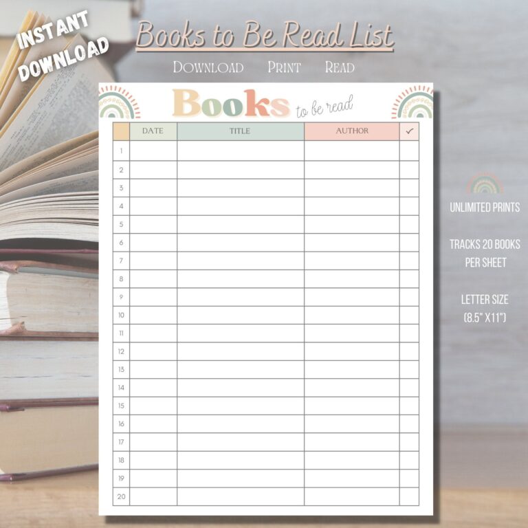 Books To Be Read List TBR Printable Tracker Editable Boho 
