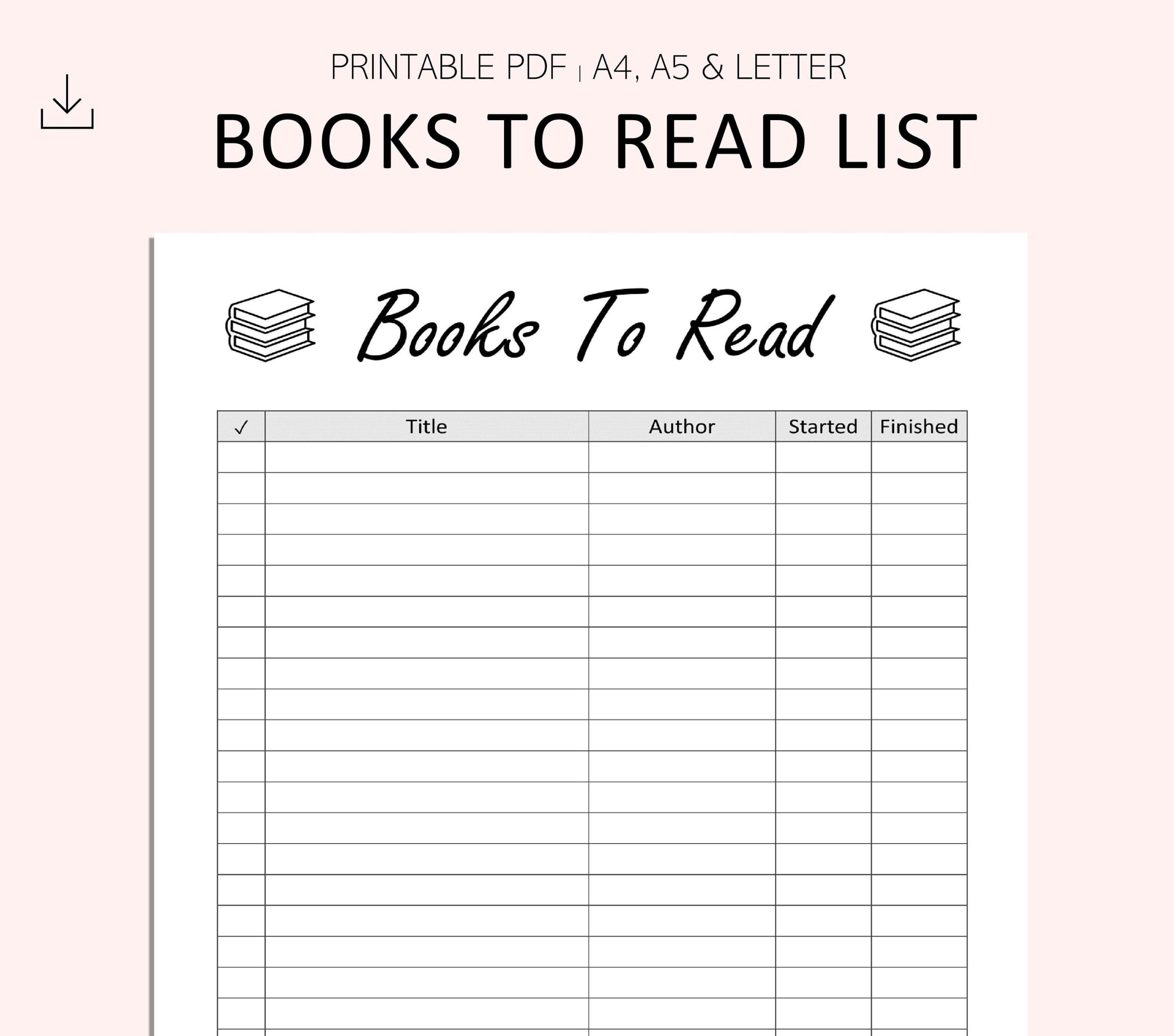 Books To Read List Book Reading Tracker Printable Book List Printable Book Challenge Novel Checklist PDF A4 A5 LETTER Etsy
