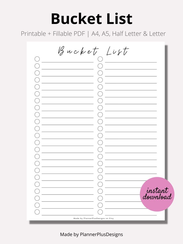 Bucket List Bucket List Tracker Printable Bucket Checklist