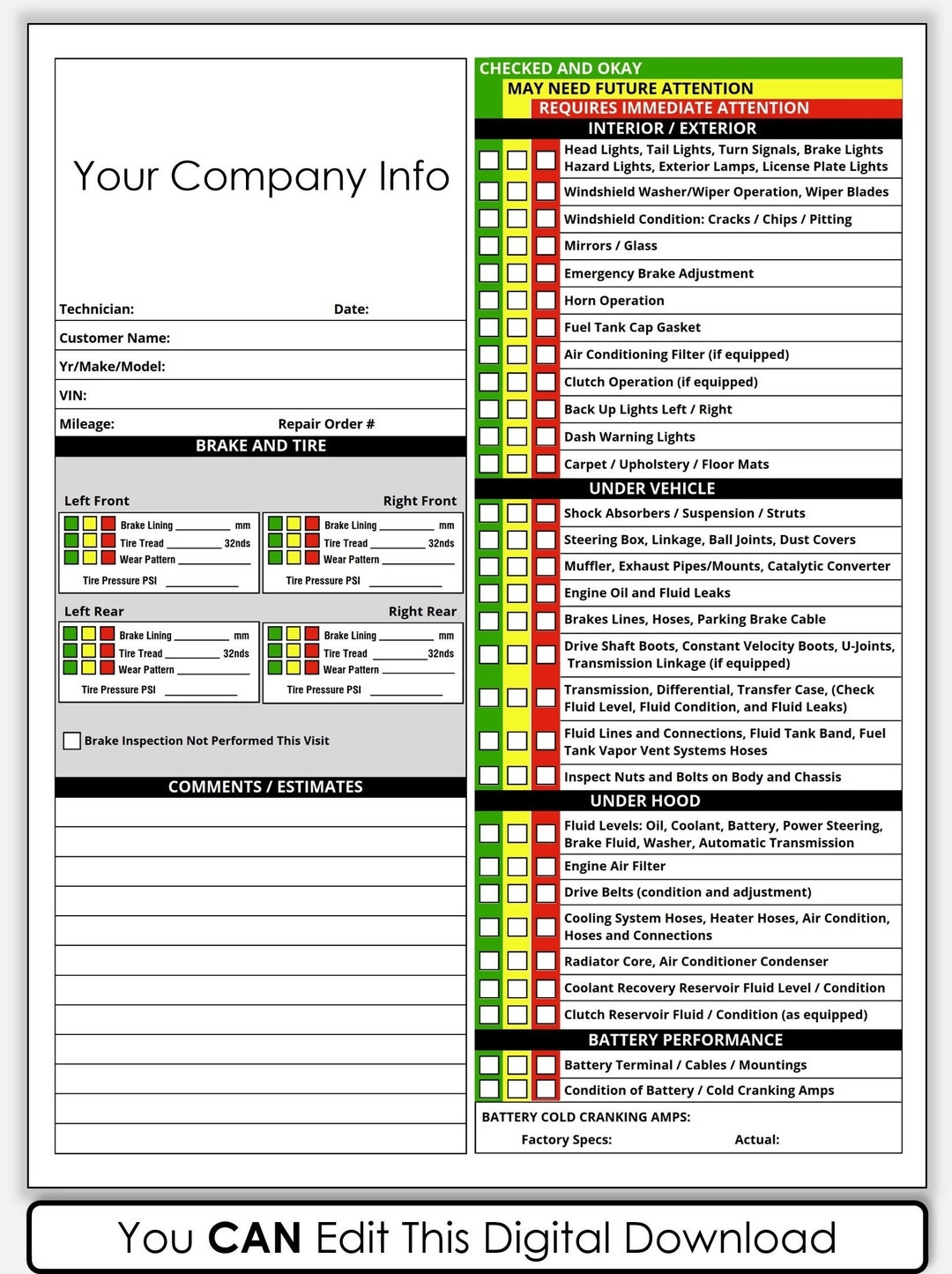 Buy PDF Printable Vehicle Inspection Report CANVA Template Editable Car Or Equipment Rental Inspection Checklist Used Vehicle Inspection Sheet 