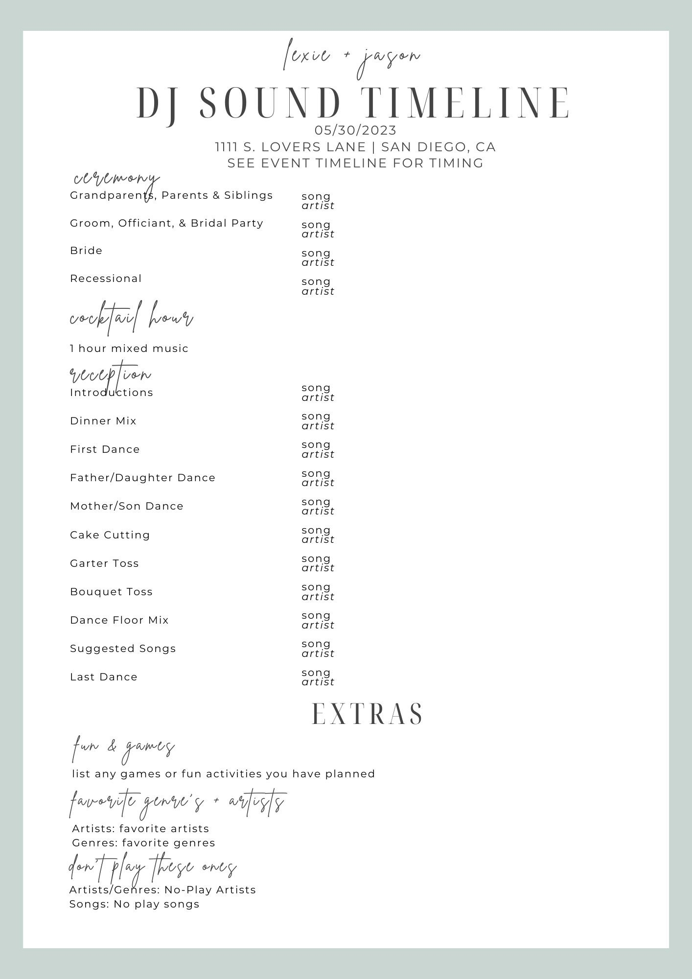 Buy Sage Wedding DJ Timeline Template DJ Wedding Music Planning 