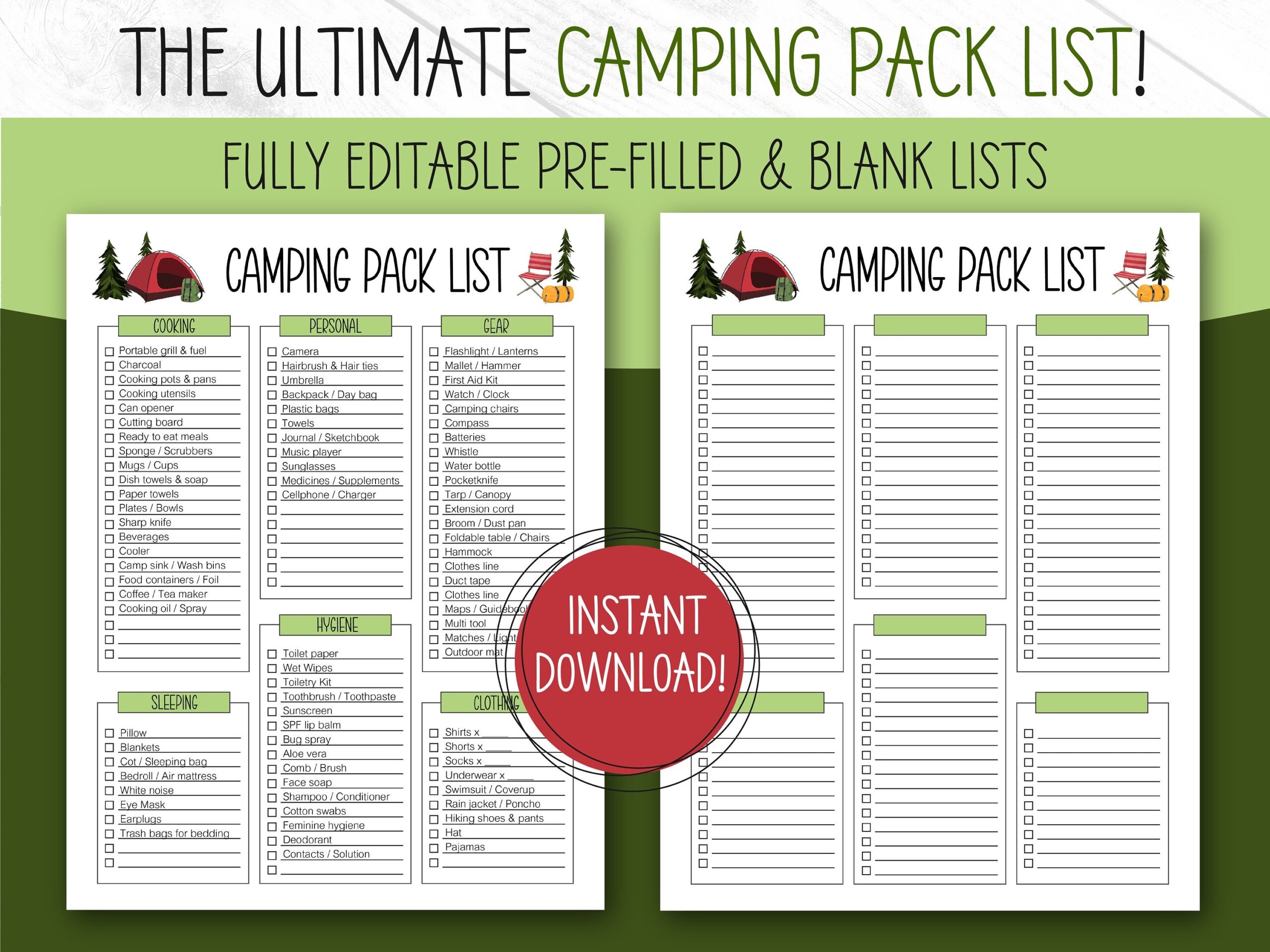 Camping Packing List EDITABLE PRINTABLE Packing List Template Packing Lists Camp Packing List Packing Checklist Camping Pack List Etsy