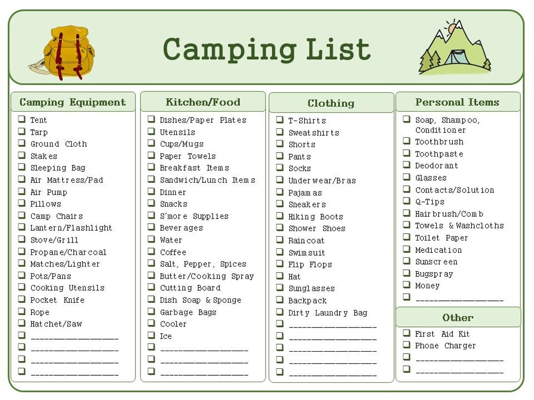 Camping Trip Packing List And Meal Plan Printable Bundle Etsy