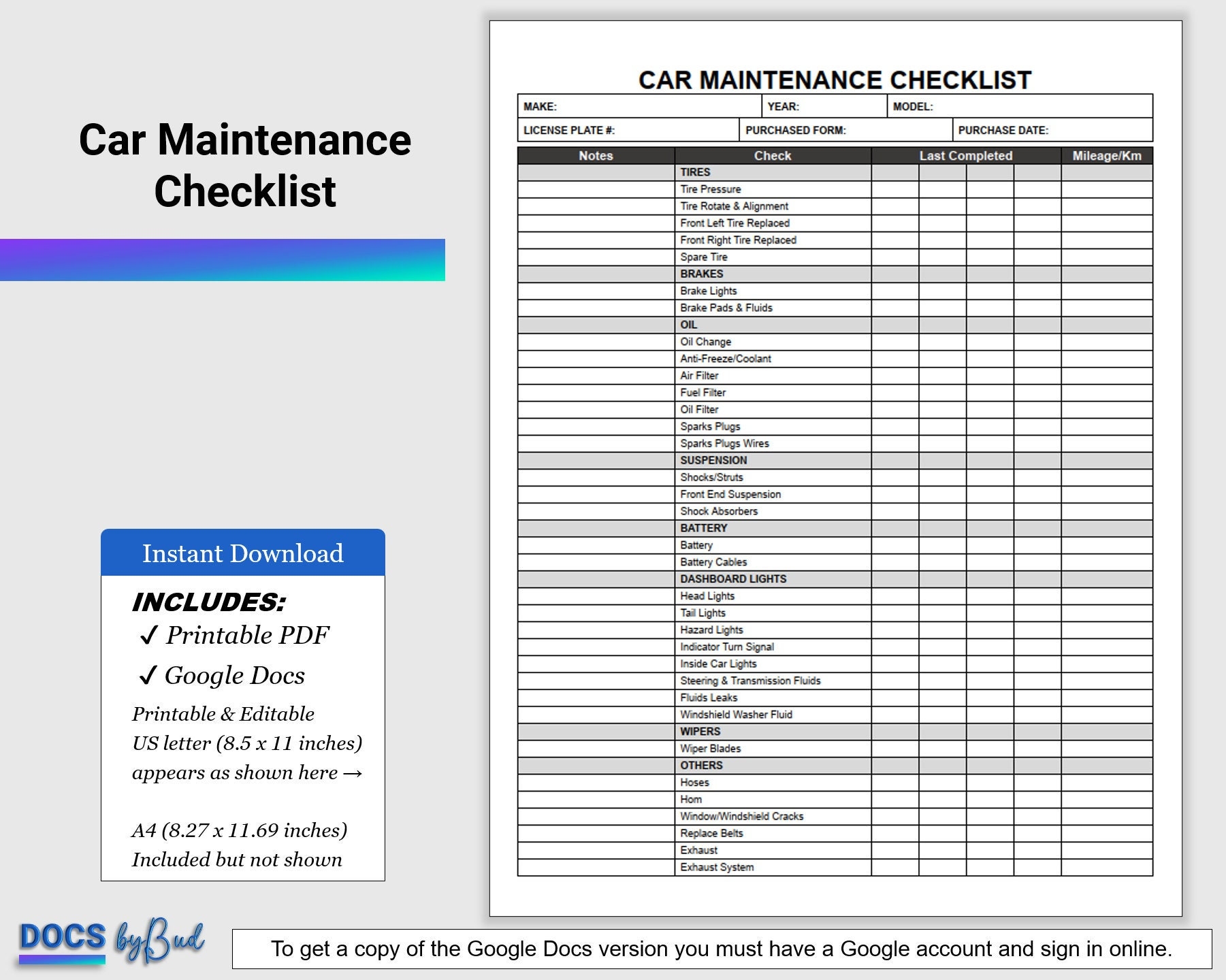 Free Printable Car Maintenance Checklist