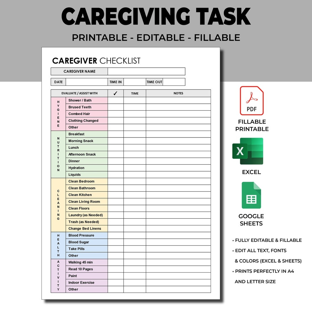 Caregiver Daily Tasks Log Caregiver Time Worked Elderly Care Caregiving Checklist Fillable U0026 Printable PDF Excel Template Google Sheets Etsy