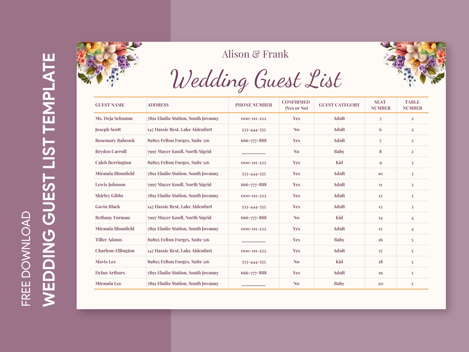 Wedding Guest List Templates