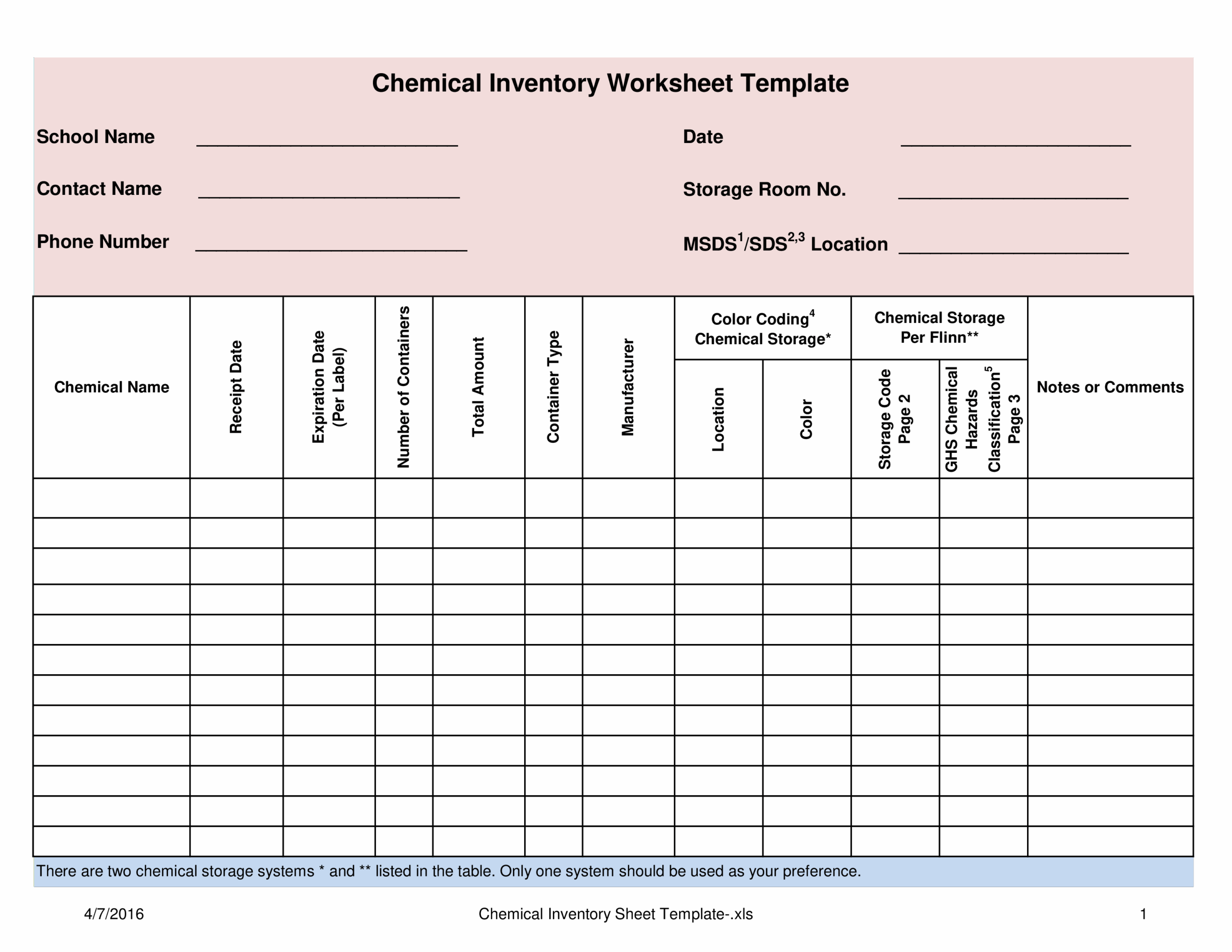 Chemical Inventory Worksheet Template Templates At Allbusinesstemplates