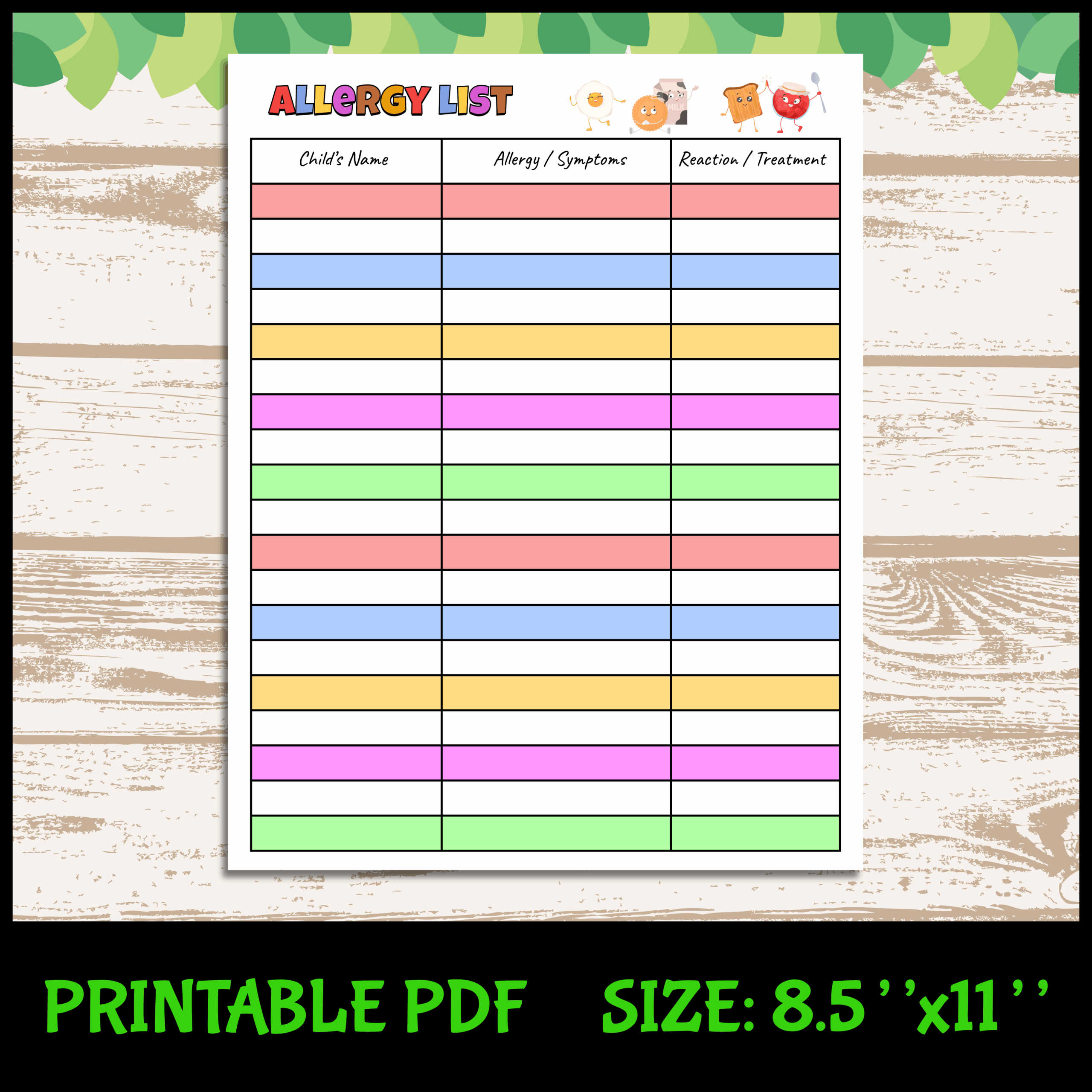 Allergy List Template