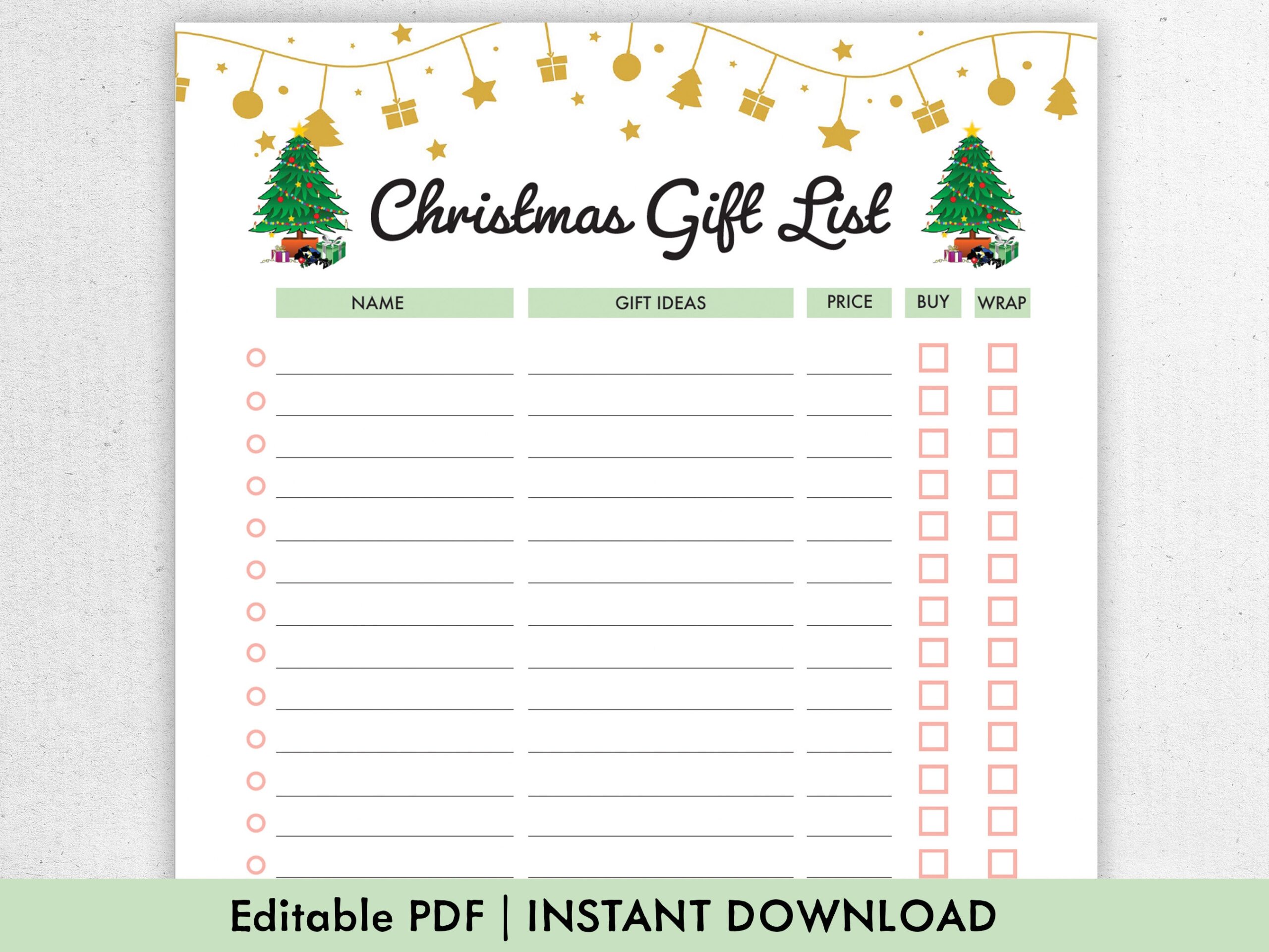 Christmas Gift List Printable Fillable Editable PDF 