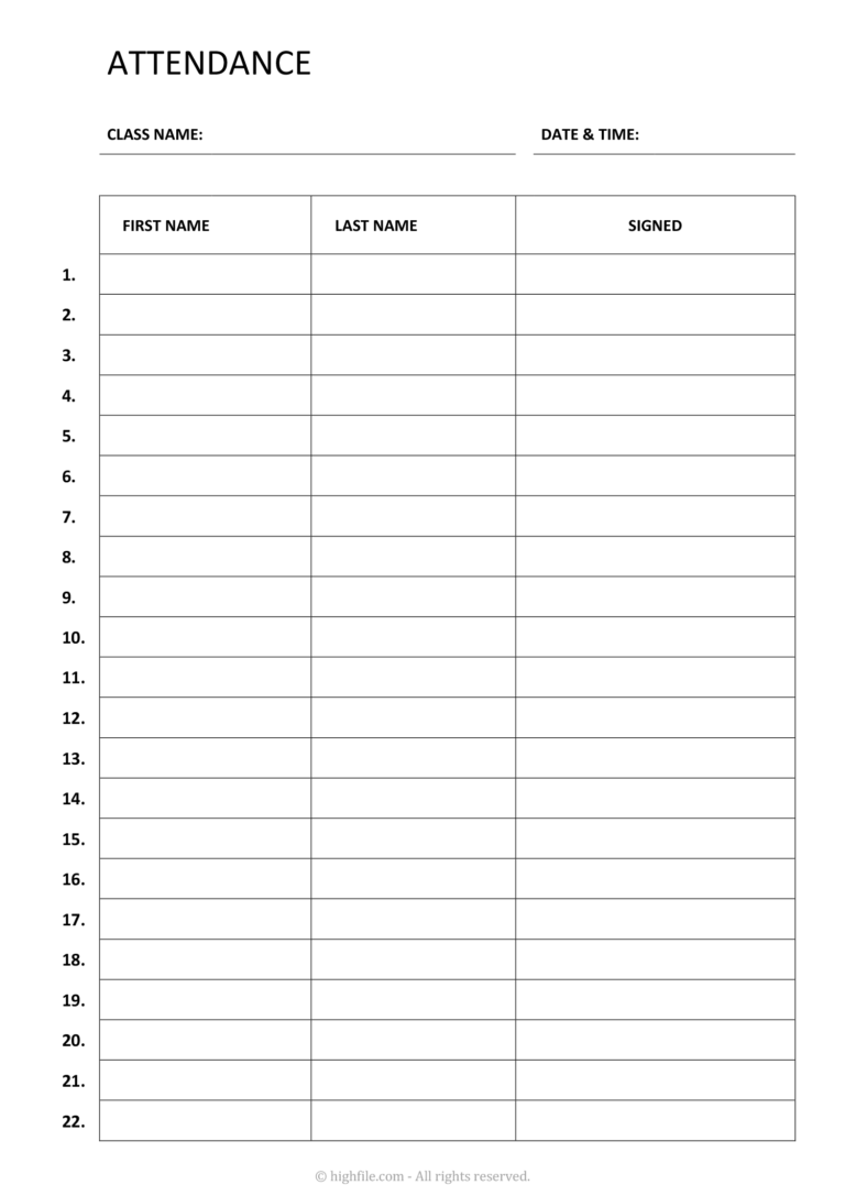 Class Attendance List Template Word Google Docs PDF Highfile