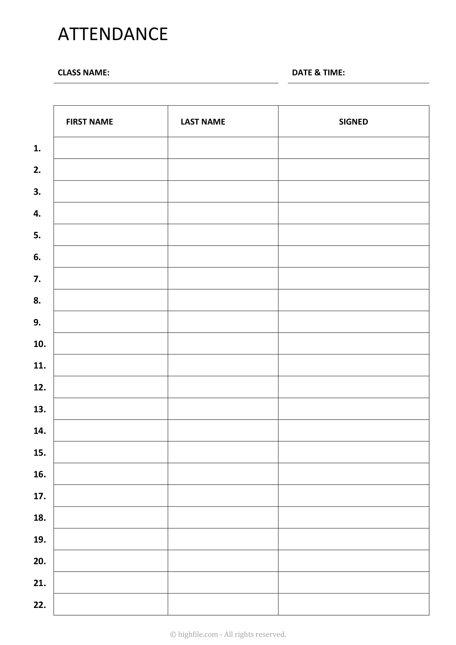 Class Attendance List Template Word Google Docs PDF Highfile