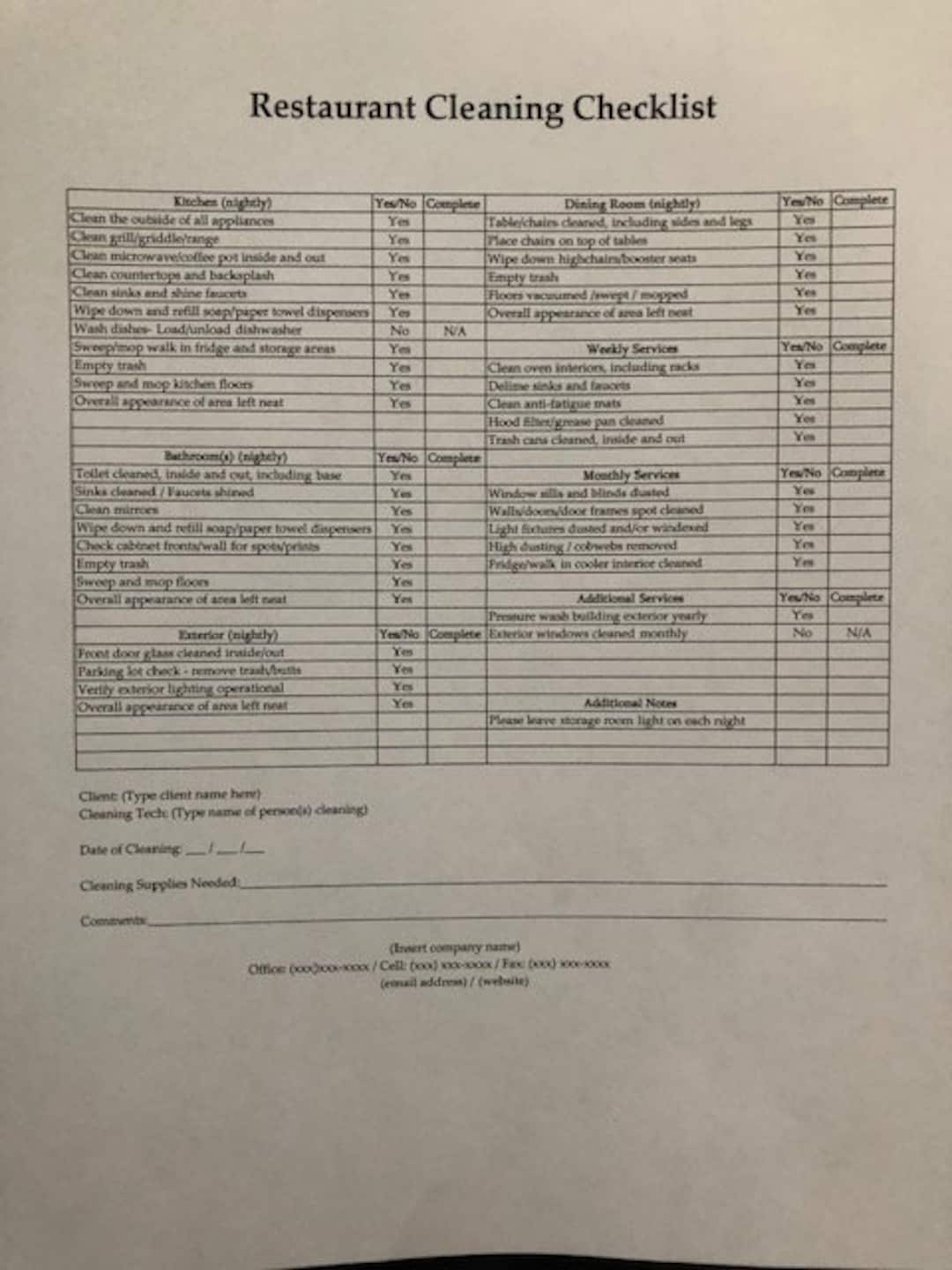 Cleaning Business Form Restaurant Cleaning Checklist Etsy