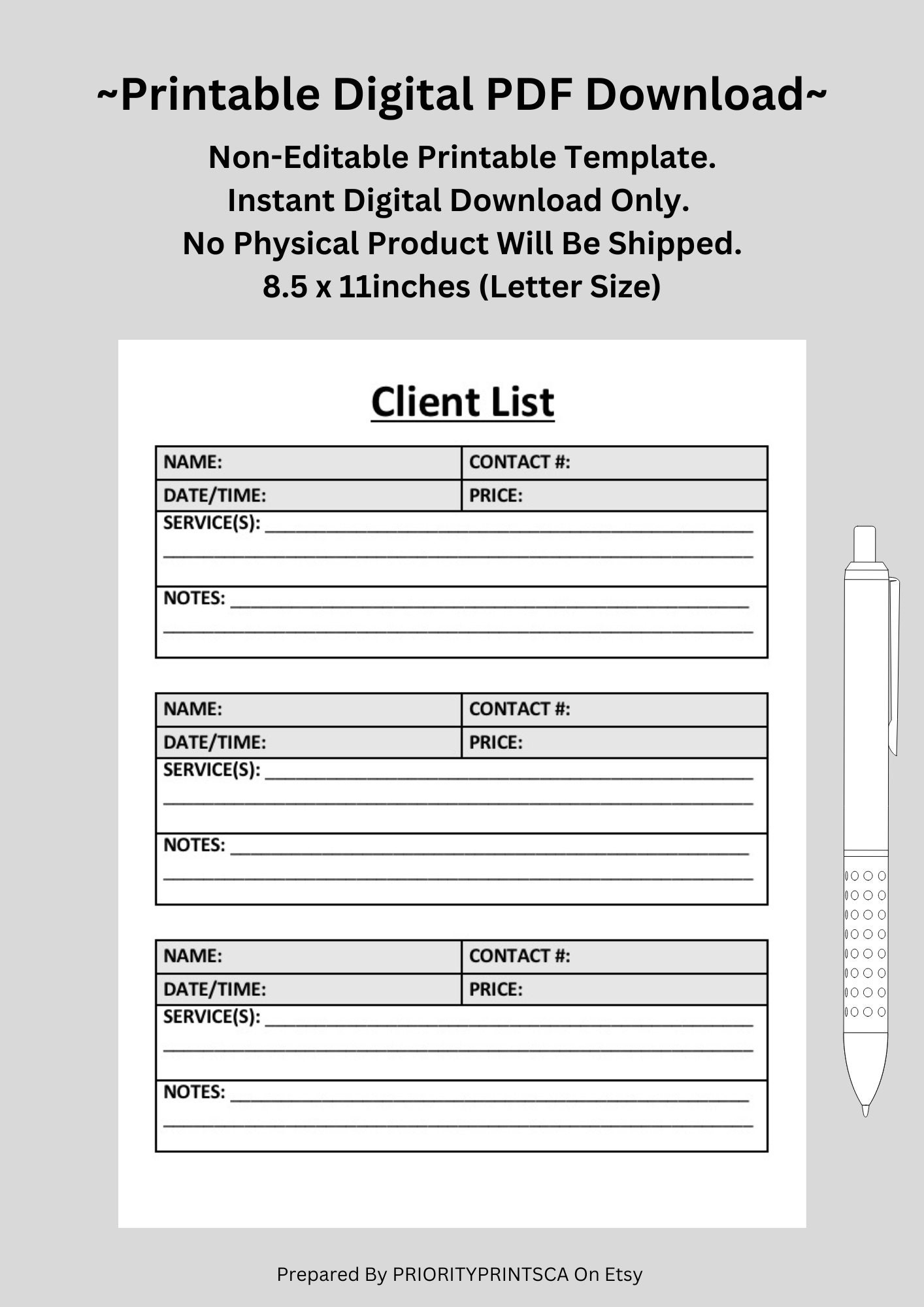 Client List Sheet Work Business Organization Preparation Sheet History Log Appointments Printable US Letter Size Digital Download