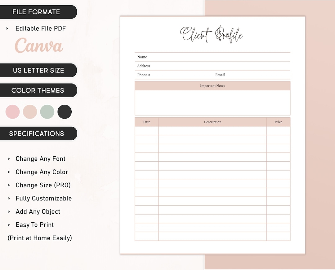 Client Profile Template Editable Business Client Profile Printable Client Information Log Customer Profile Info Sheet Or Form Workflow Etsy