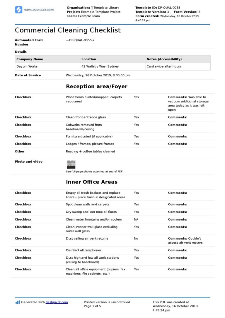 Commercial Cleaning Checklist Template Free U0026 Printable