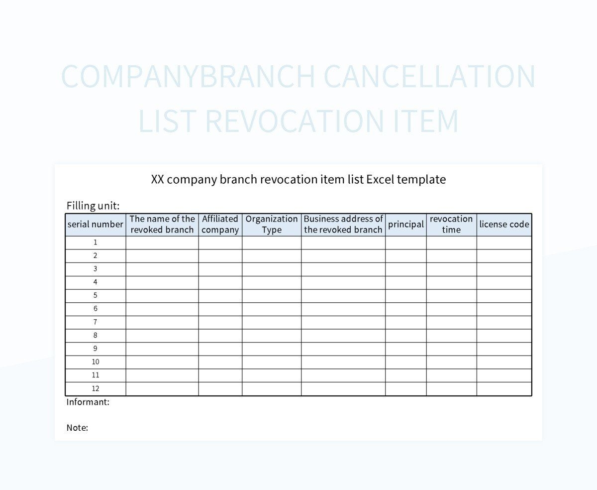 Companybranch Cancellation List Revocation Item Excel Template And Google Sheets File For Free Download Slidesdocs