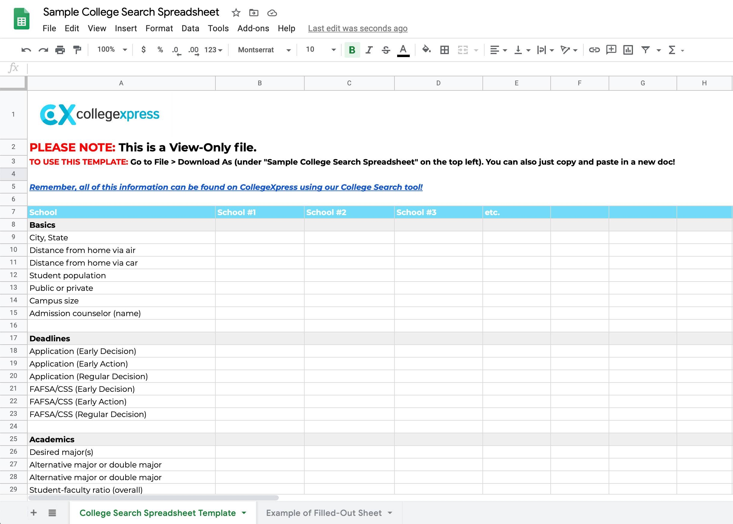 Compare Your Schools With A College Search Spreadsheet CollegeXpress