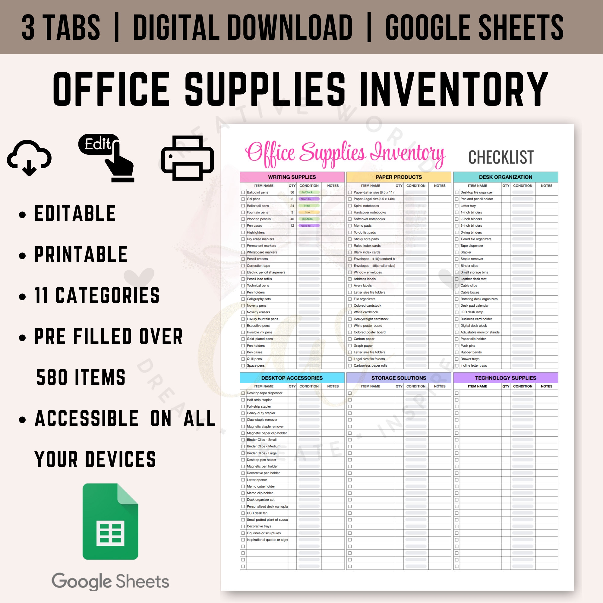 Comprehensive Office Supplies Inventory Checklist Spreadsheet 