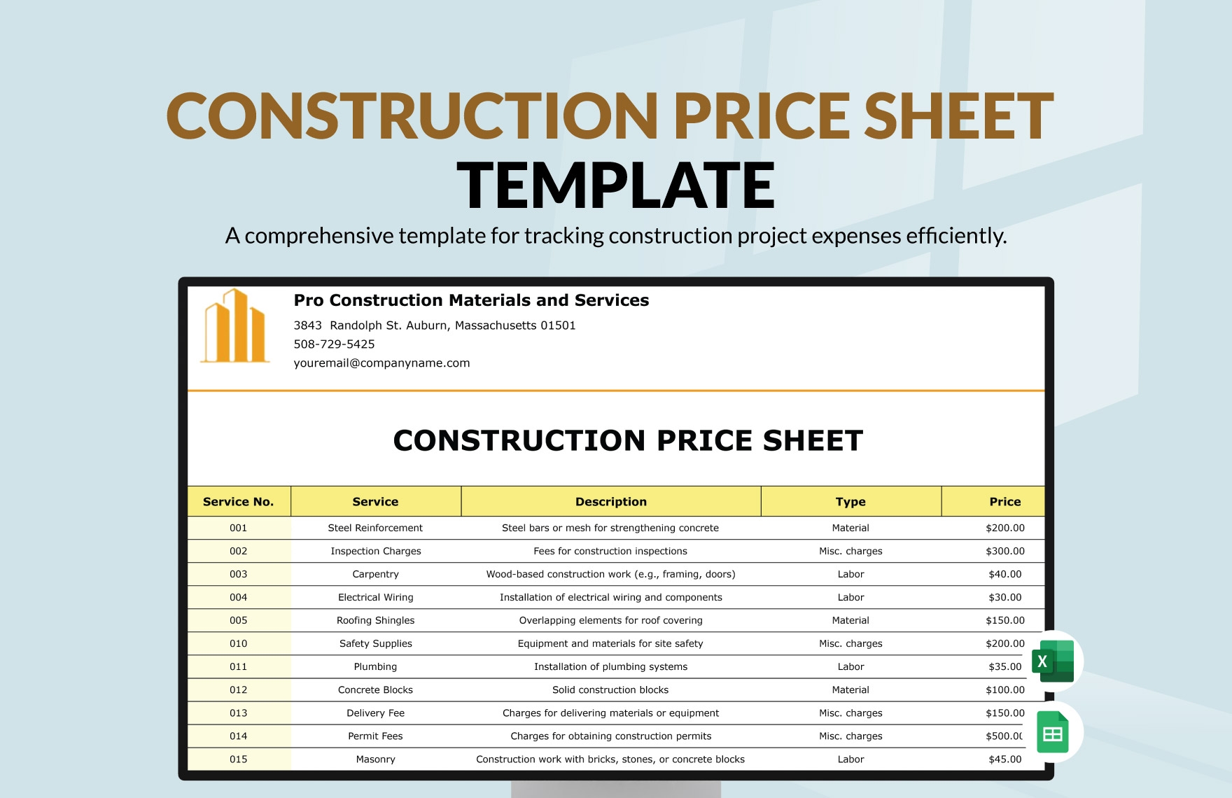 Construction Price Sheet Template Template