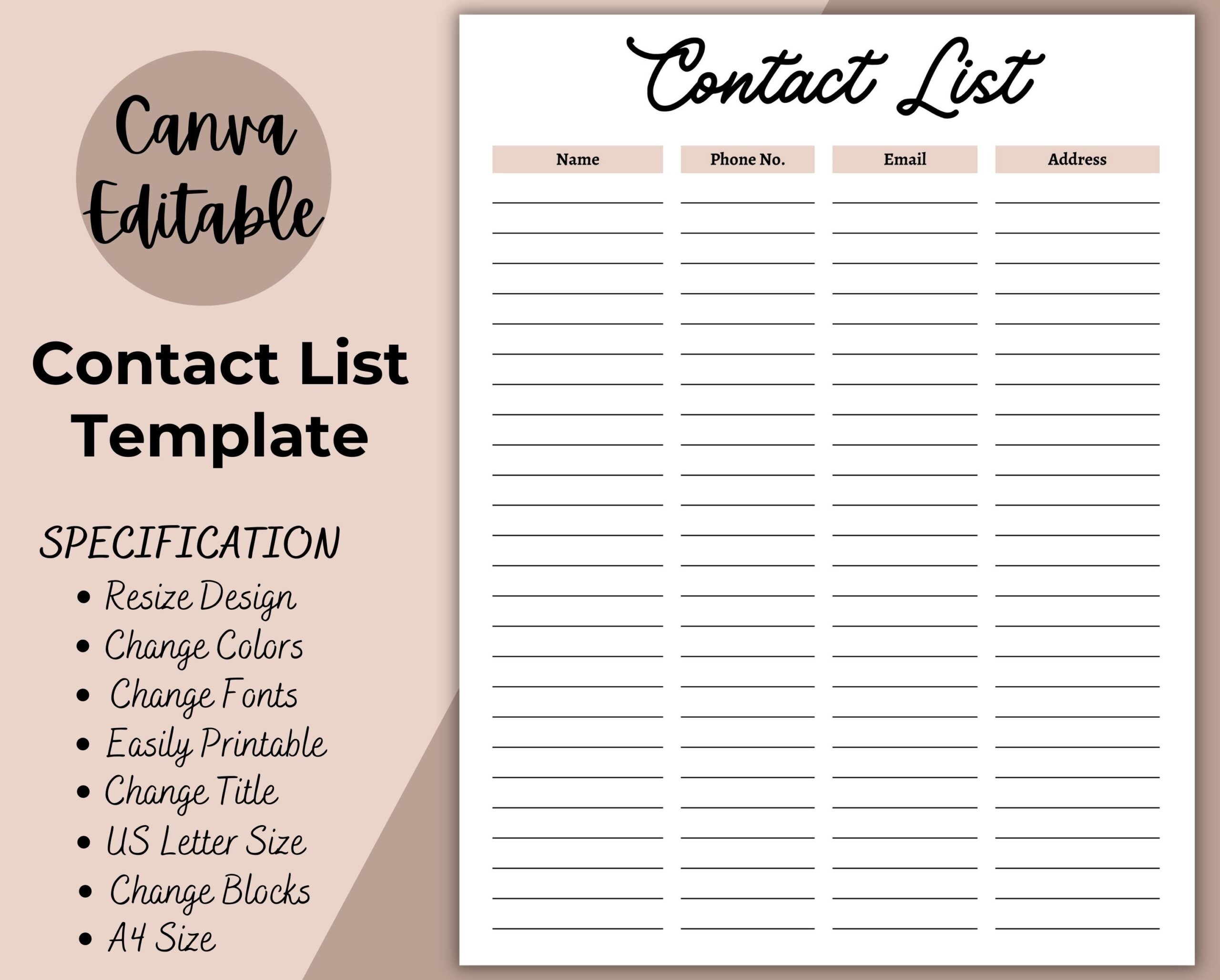 Contact List Printable Address Book Print At Home Insert Simple A4 And Letter Size Phone Email Contact Information Sheet Address Log Etsy