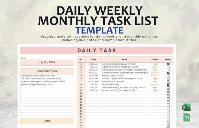 Daily Weekly Monthly Task List Template In Excel Google Sheets Download Template