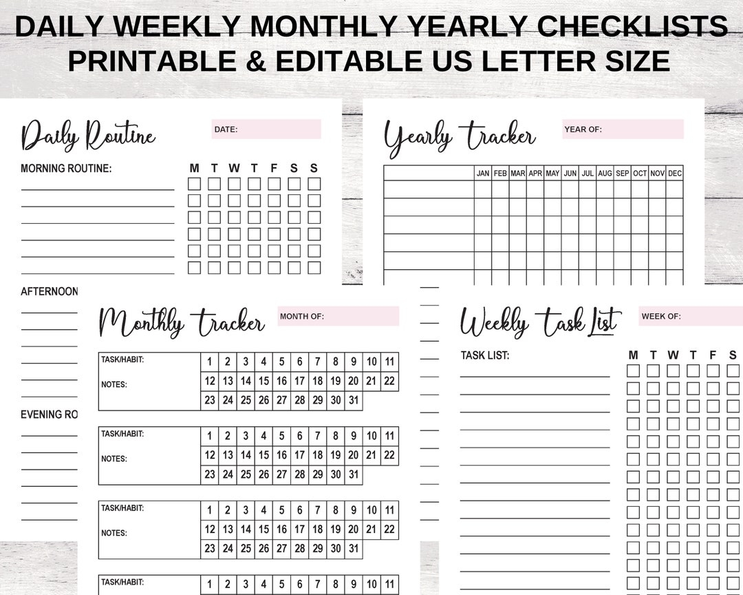 Daily Weekly Monthly Yearly Checklist Templates Daily Routine Weekly Task List Monthly Yearly Tracker Editable To Do Lists Letter Size Etsy