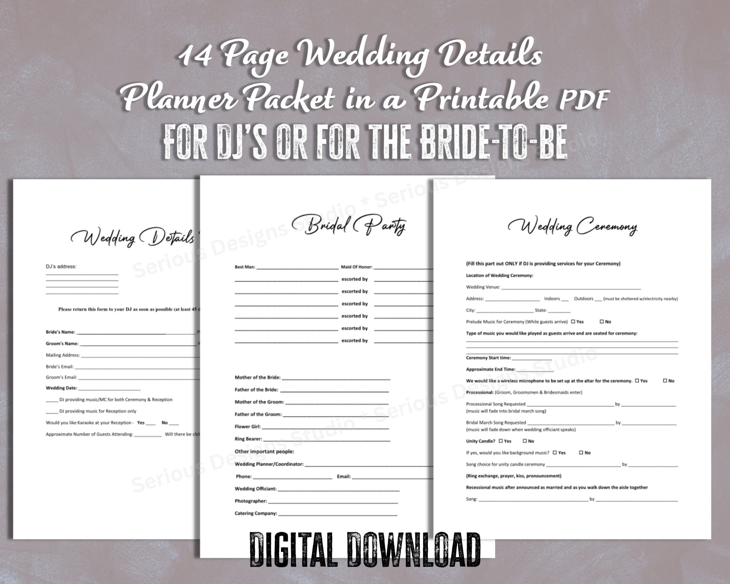 DJ Wedding Form Printable Planner For DJ Wedding Dj Form Wedding Timeline Bridal Party List Wedding Itinerary Dj Song List Etsy
