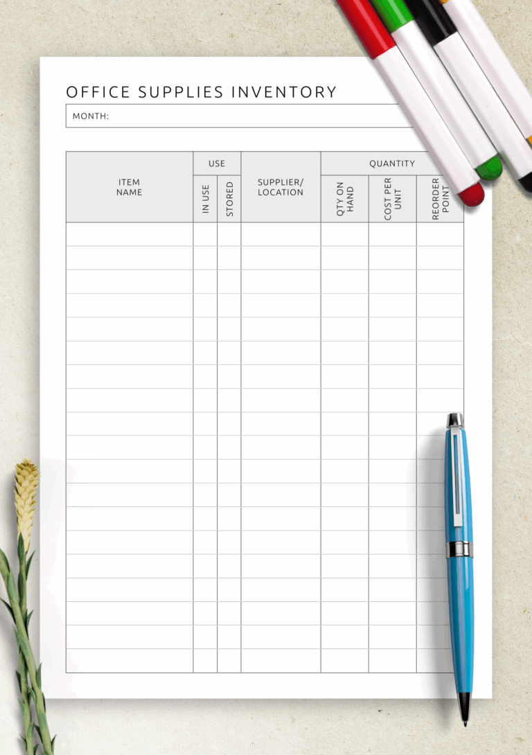 Download Printable Office Supplies Inventory Template PDF